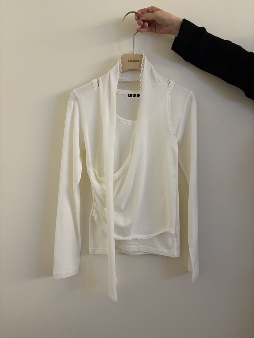 BALANCE東大門實拍女裝新款26春夏人氣長袖T恤假兩件圍巾BALANCE長袖T恤圖色1