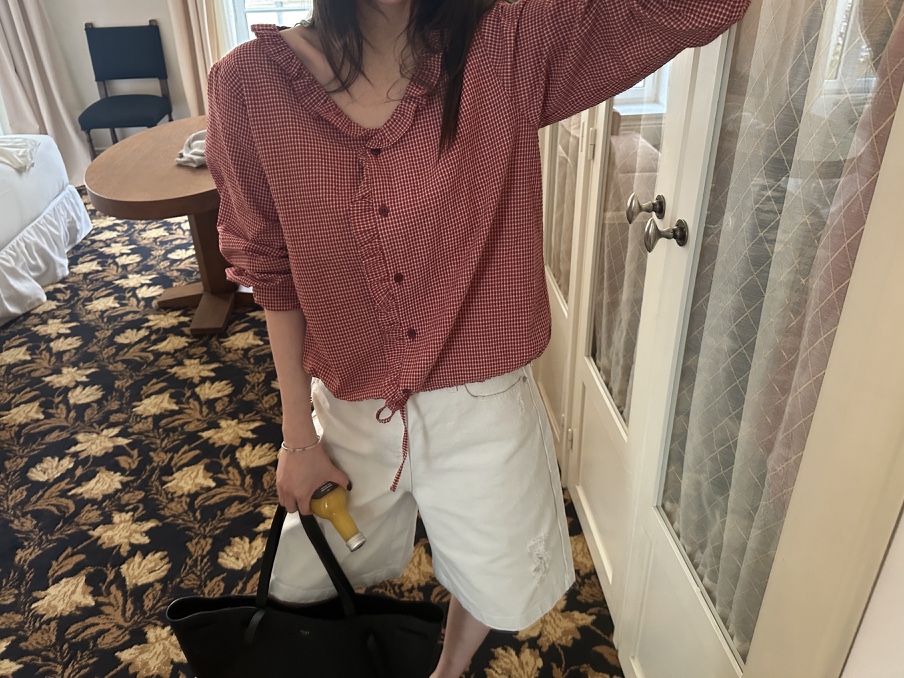 BOWIE東大門代購女士新款人氣真品推薦襯衫蕾絲衫荷葉邊格子BOWIE襯衫/蕾絲衫