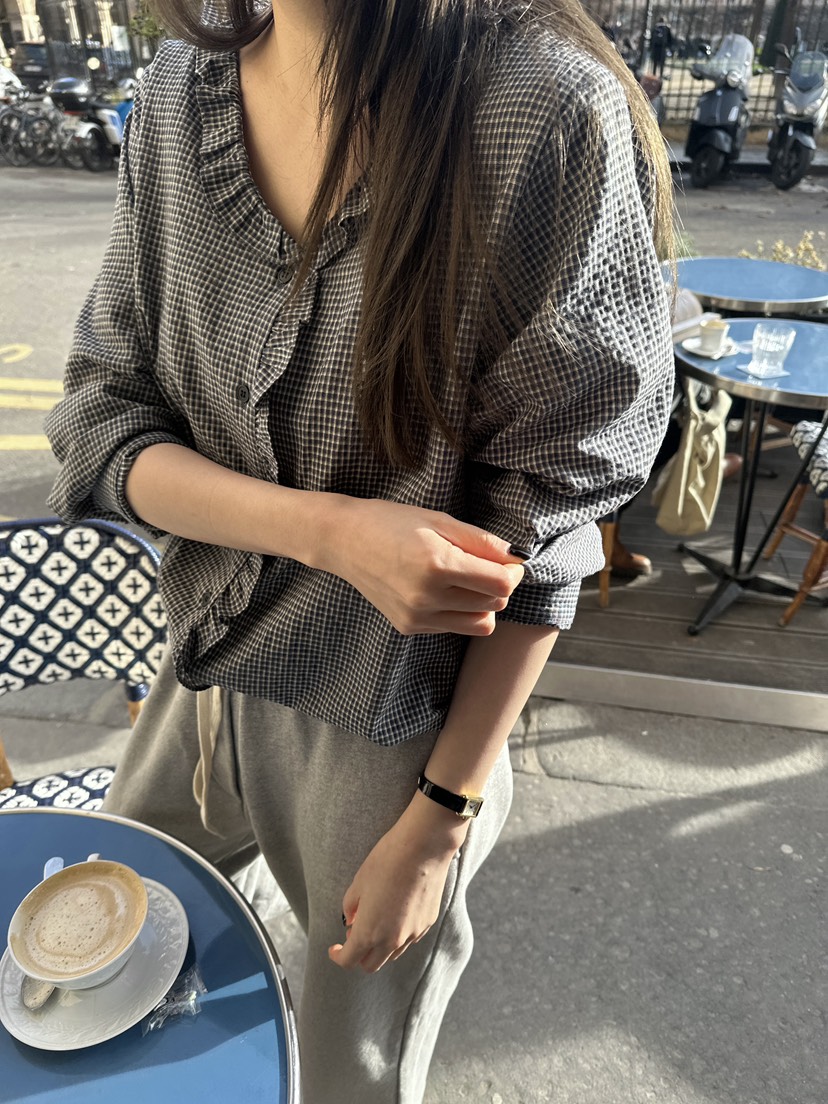 BOWIE東大門代購女士新款人氣真品推薦襯衫蕾絲衫荷葉邊格子BOWIE襯衫/蕾絲衫