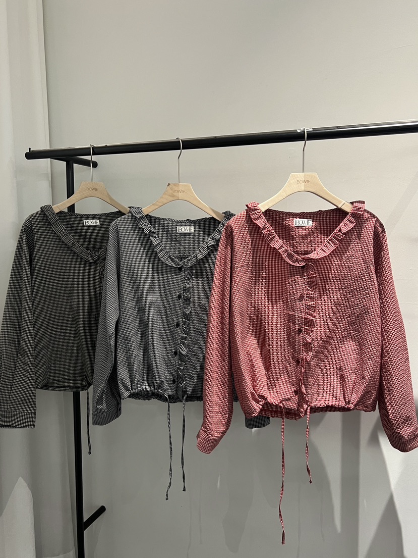 BOWIE東大門代購女士新款人氣真品推薦襯衫蕾絲衫荷葉邊格子BOWIE襯衫/蕾絲衫