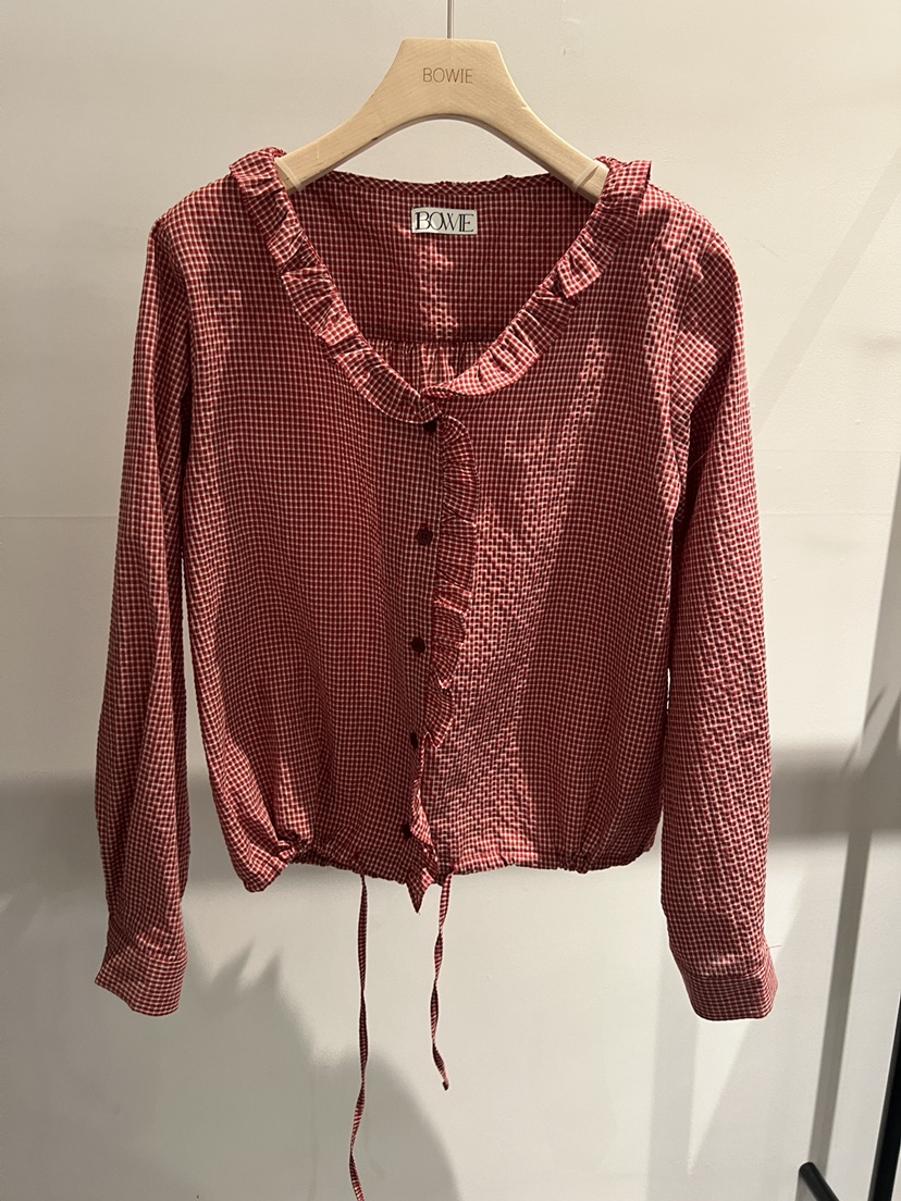BOWIE東大門代購女士新款人氣真品推薦襯衫蕾絲衫荷葉邊格子BOWIE襯衫/蕾絲衫圖色1