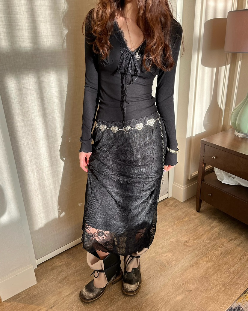 LOVE PULL東大門代購女士新品推薦26春夏人氣長裙蕾絲褶裥LOVE PULL長裙