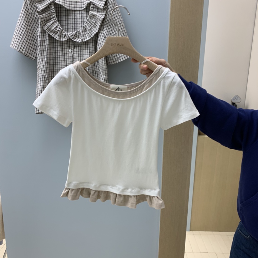 THEPLAN韓國直郵女裝新品推薦職業休閑26春夏T恤假兩件雙領THE PLANT恤圖色1