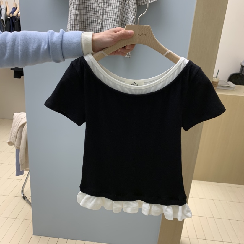 THEPLAN韓國直郵女裝新品推薦職業休閑26春夏T恤假兩件雙領THE PLANT恤圖色2