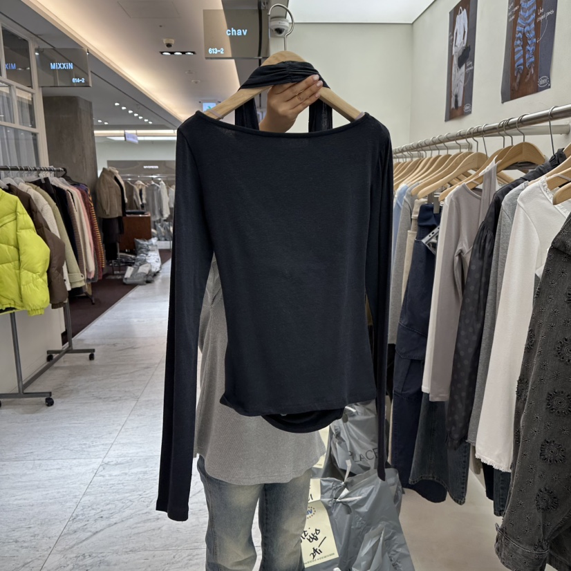 CHAV韓國代購女裝新品職業26春夏真品熱賣人氣長袖T恤假兩件CHAV長袖T恤