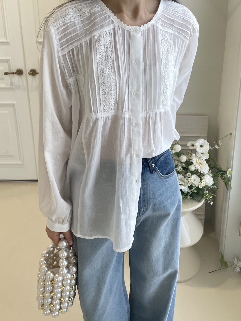 EDITION-P韓國直郵女士新品職業熱賣人氣襯衫蕾絲衫褶裥EDITION/CHAHEE襯衫/蕾絲衫