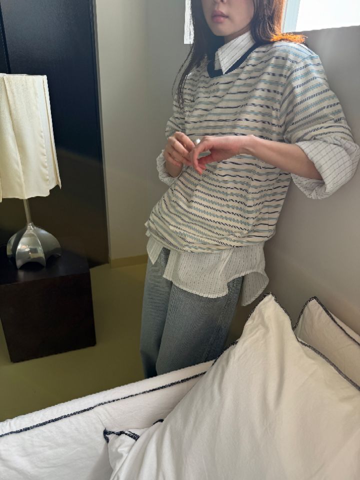 MARE韓國直郵女裝新款時尚推薦熱賣真品襯衫蕾絲衫刺繡條紋MARE襯衫/蕾絲衫