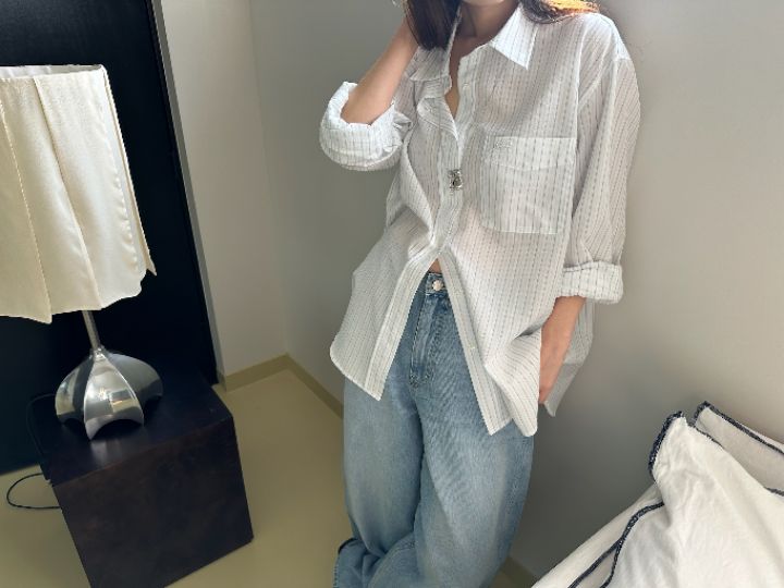 MARE韓國直郵女裝新款時尚推薦熱賣真品襯衫蕾絲衫刺繡條紋MARE襯衫/蕾絲衫