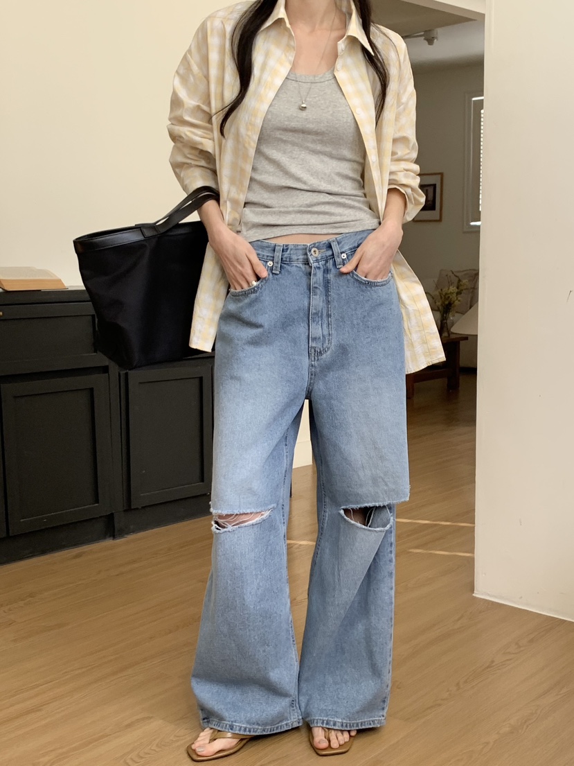 WOOD東大門直郵女裝新款推薦職業休閑熱賣26春夏牛仔褲破洞WOOD牛仔褲