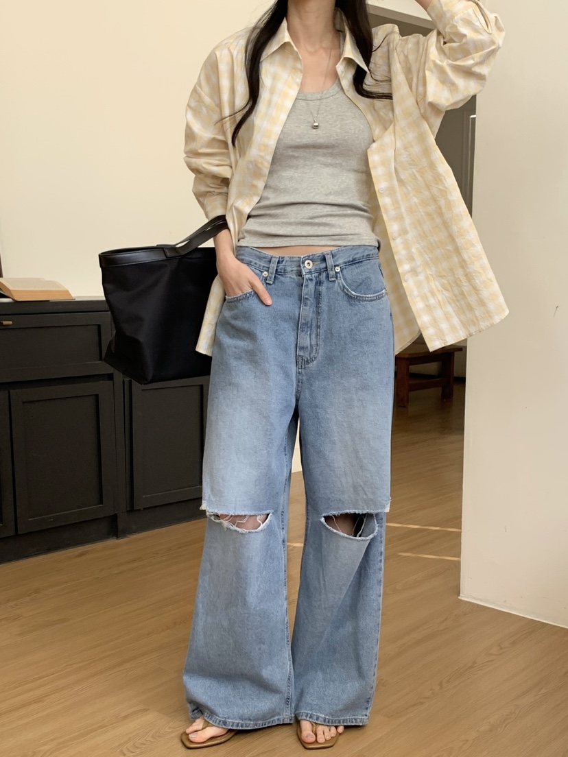 WOOD東大門直郵女裝新款推薦職業休閑熱賣26春夏牛仔褲破洞WOOD牛仔褲