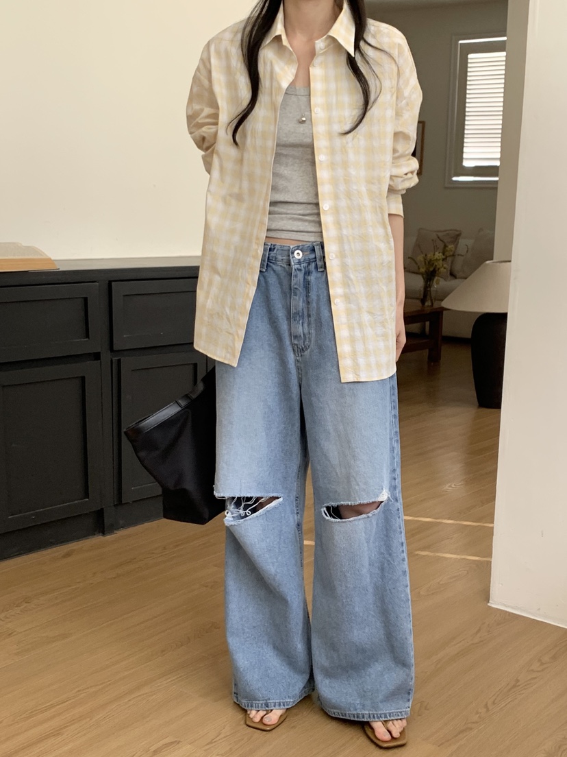 WOOD東大門直郵女裝新款推薦職業休閑熱賣26春夏牛仔褲破洞WOOD牛仔褲