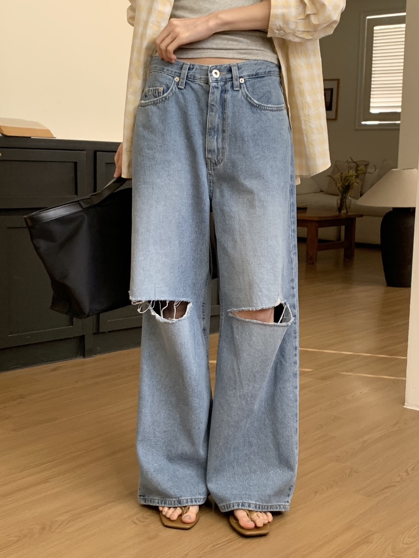 WOOD東大門直郵女裝新款推薦職業休閑熱賣26春夏牛仔褲破洞WOOD牛仔褲