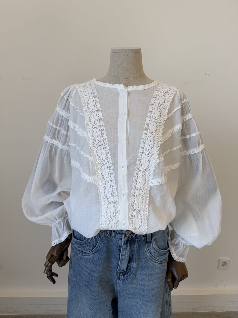 LAUNDRY韓國直郵女士新品休閑人氣26春夏襯衫蕾絲衫蕾絲亞麻LAUNDRY襯衫/蕾絲衫