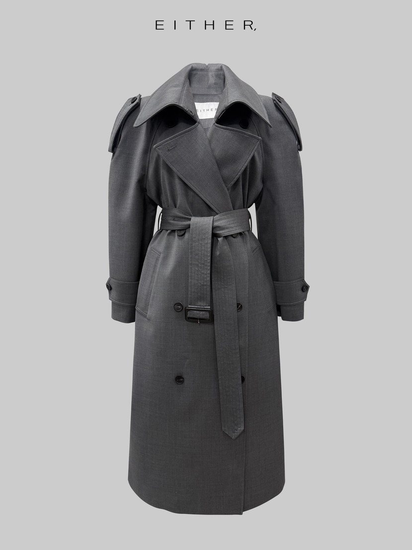 EITHER東大門直郵女裝新品26春夏人氣長款風衣含腰帶高領EITHER長款風衣圖色1