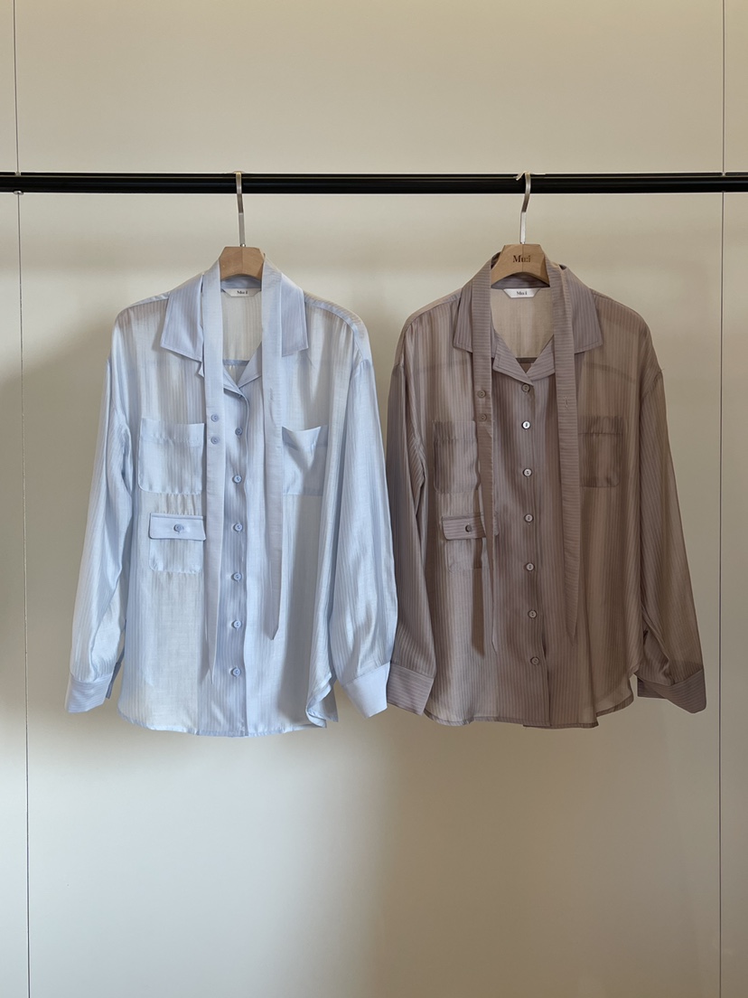 THE MUI韓國代購女裝新品26春夏熱賣襯衫蕾絲衫含脖帶條紋THE MUI襯衫/蕾絲衫