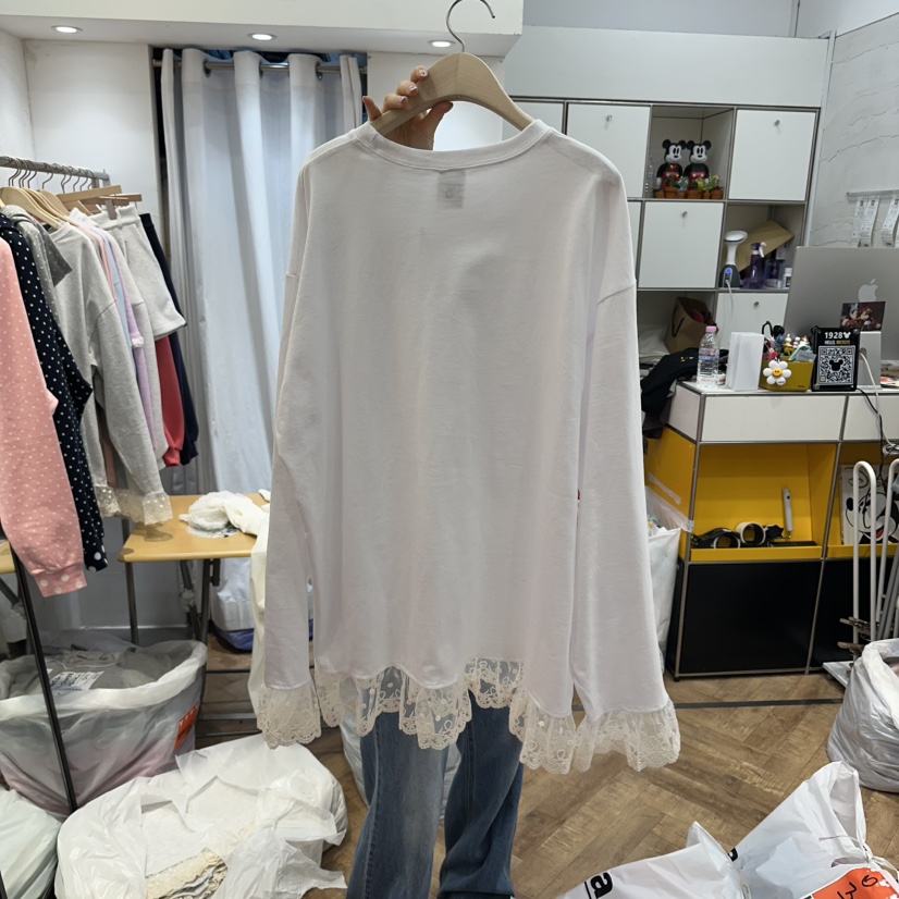 DE LINE東大門代購女士新款職業真品人氣26春夏長袖T恤蕾絲DE LINE長袖T恤
