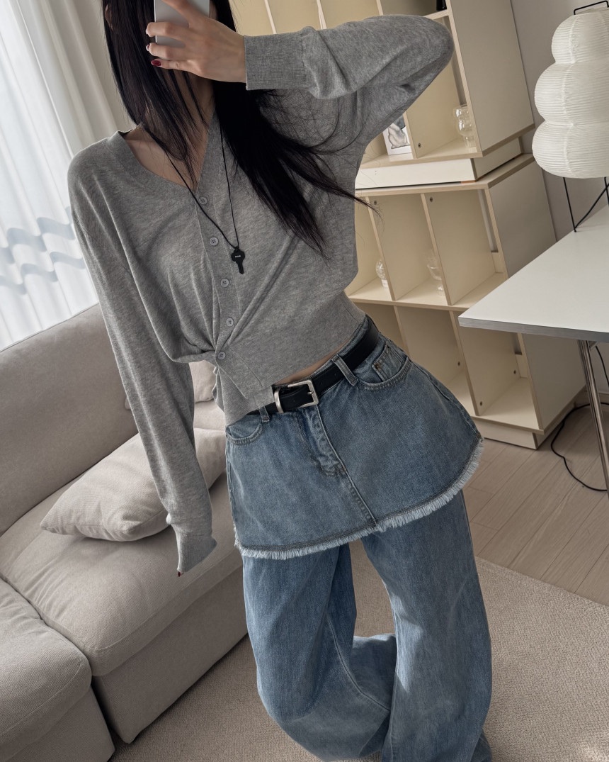 OKIE東大門實拍女裝新品推薦時尚真品針織衫不對稱V領開衫OKIE針織衫