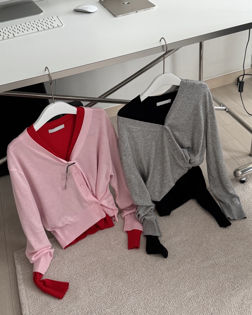 OKIE東大門實拍女裝新品推薦時尚真品針織衫不對稱V領開衫OKIE針織衫