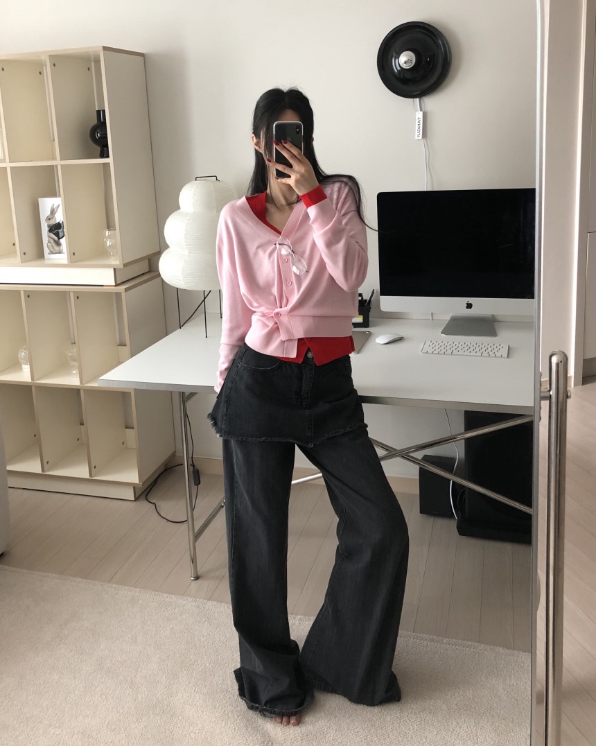 OKIE東大門實拍女裝新品推薦時尚真品針織衫不對稱V領開衫OKIE針織衫