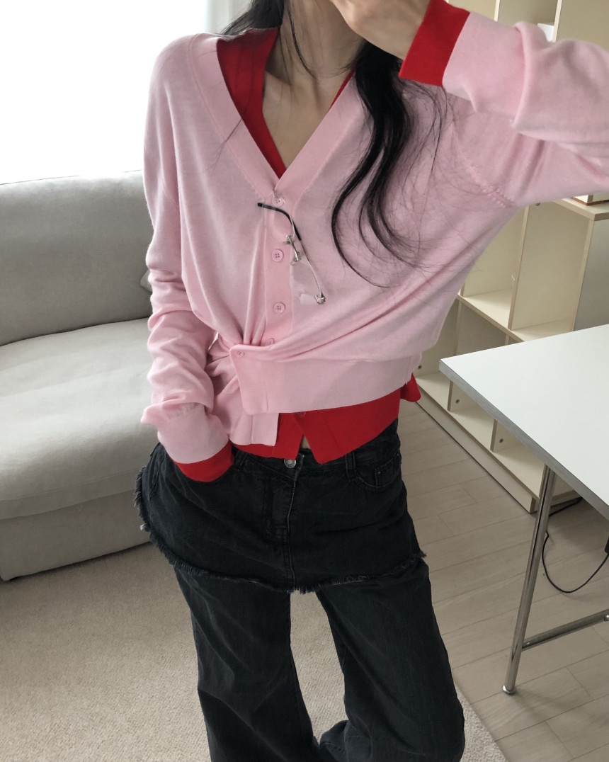 OKIE東大門實拍女裝新品推薦時尚真品針織衫不對稱V領開衫OKIE針織衫