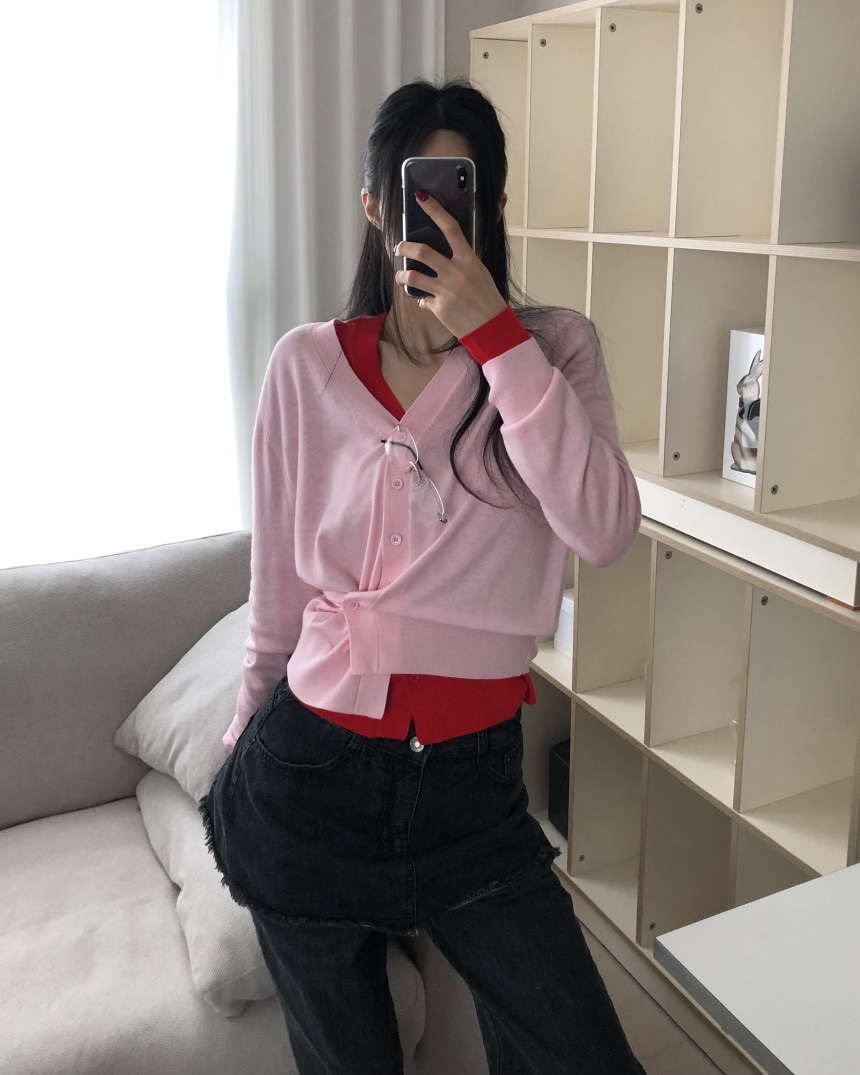 OKIE東大門實拍女裝新品推薦時尚真品針織衫不對稱V領開衫OKIE針織衫