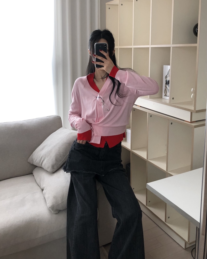 OKIE東大門實拍女裝新品推薦時尚真品針織衫不對稱V領開衫OKIE針織衫