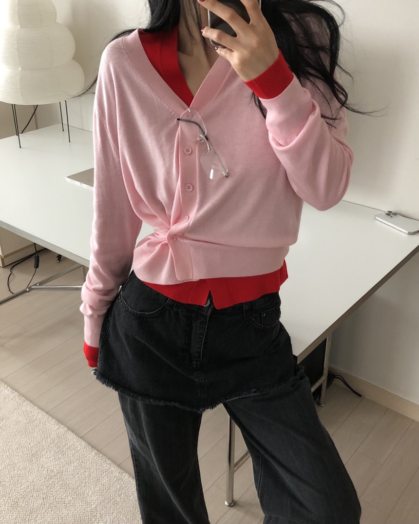 OKIE東大門實拍女裝新品推薦時尚真品針織衫不對稱V領開衫OKIE針織衫