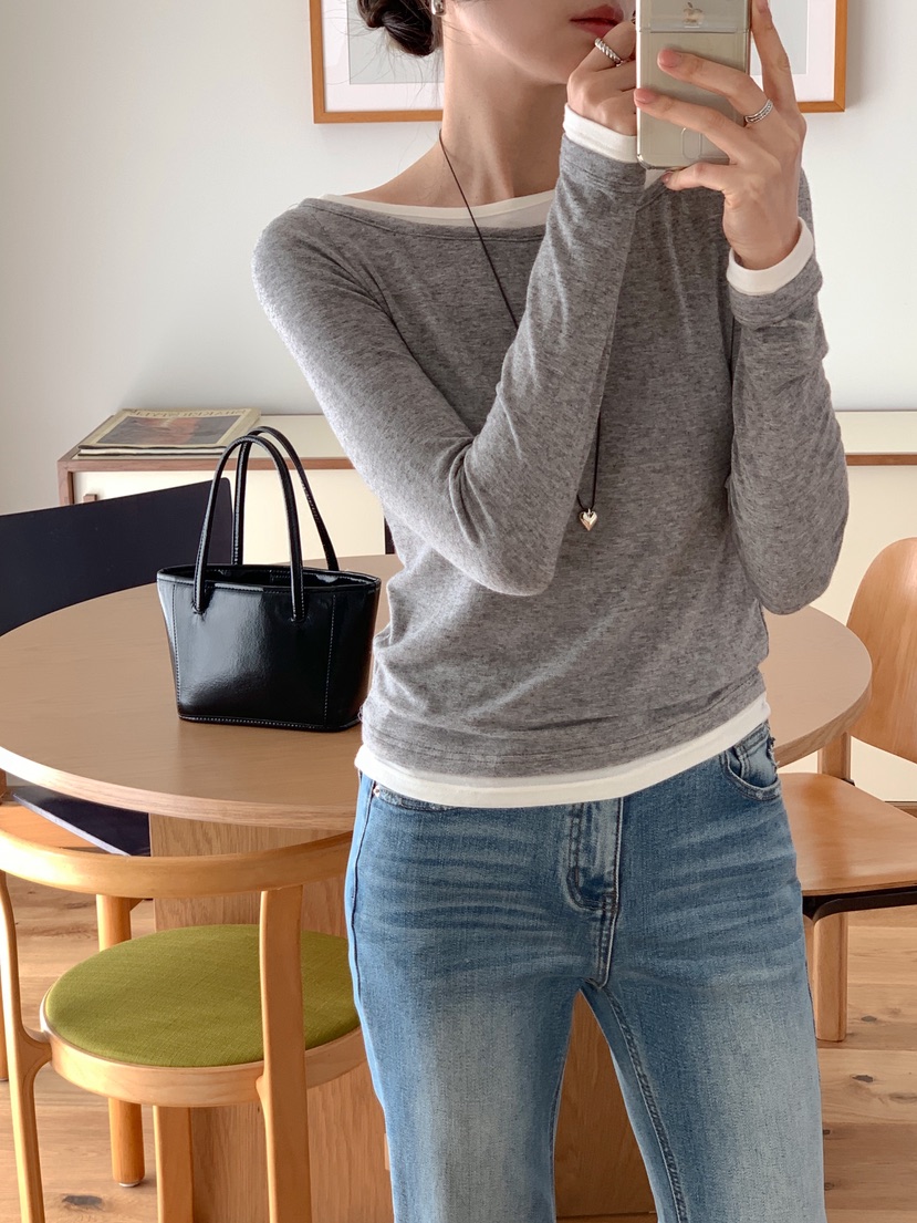 RE:FRESH-L韓國直郵女士新品職業推薦熱賣長袖T恤假兩件RE:FRESH長袖T恤