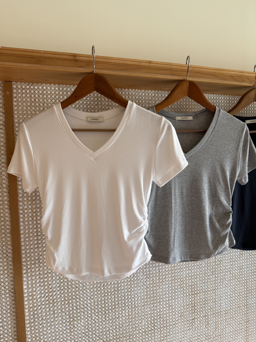 LAVIEU韓國直郵女士新款推薦休閑時尚真品26春夏T恤V領褶皺LAVIEUT恤