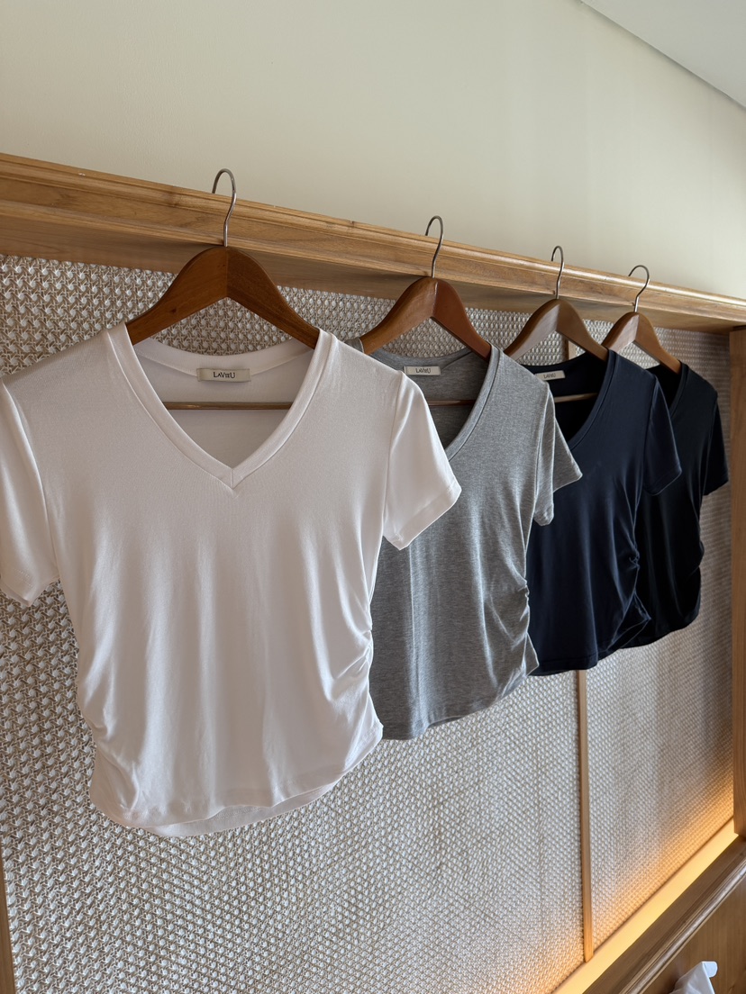 LAVIEU韓國直郵女士新款推薦休閑時尚真品26春夏T恤V領褶皺LAVIEUT恤