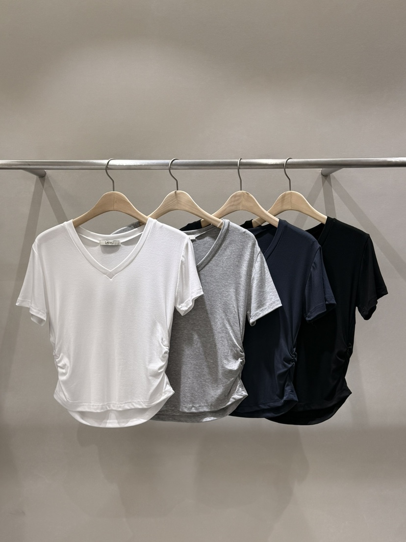 LAVIEU韓國直郵女士新款推薦休閑時尚真品26春夏T恤V領褶皺LAVIEUT恤