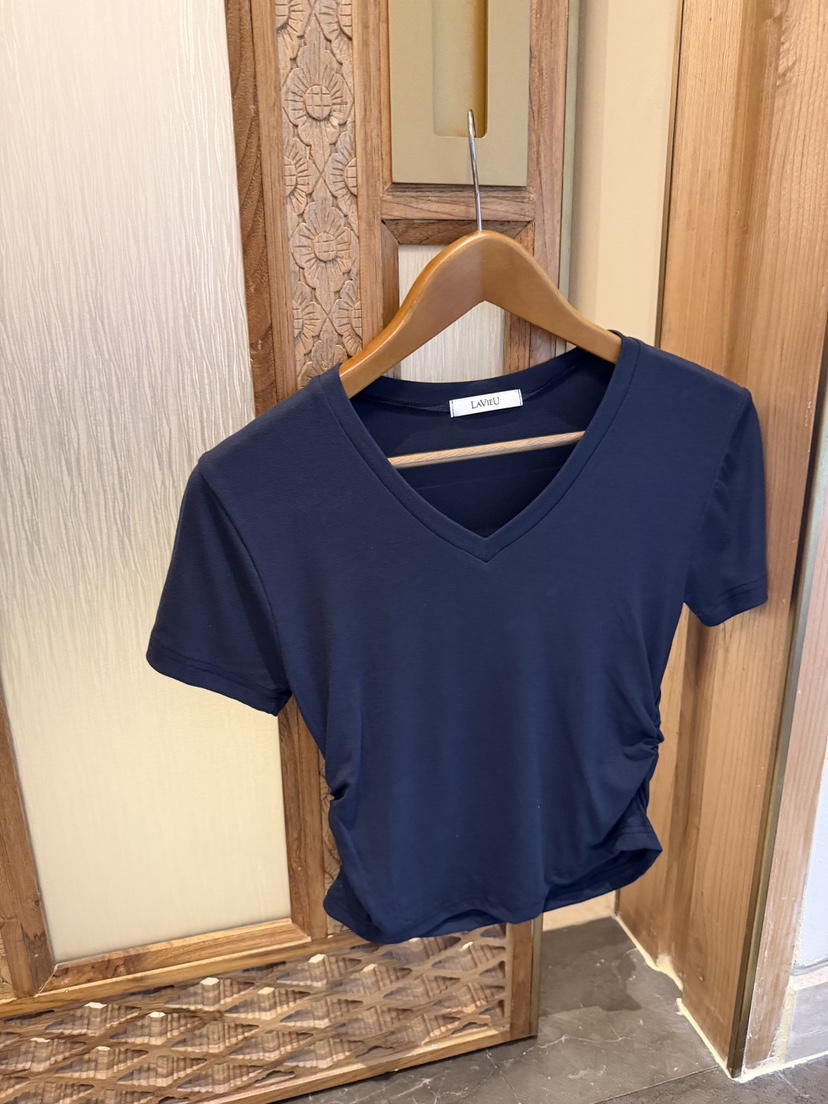 LAVIEU韓國直郵女士新款推薦休閑時尚真品26春夏T恤V領褶皺LAVIEUT恤圖色2