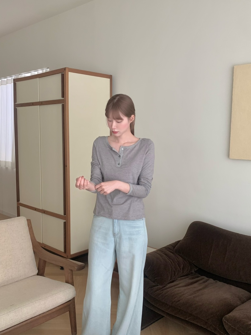 LEGACY東大門實拍女裝新品人氣26春夏職業長袖T恤條紋紐扣LEGACY長袖T恤