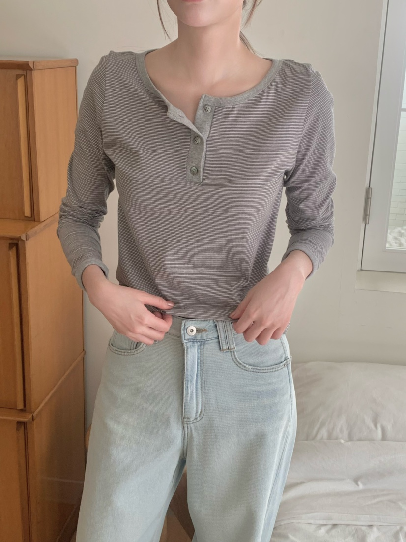 LEGACY東大門實拍女裝新品人氣26春夏職業長袖T恤條紋紐扣LEGACY長袖T恤