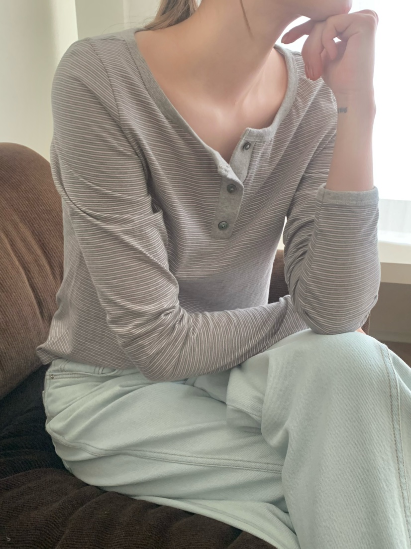 LEGACY東大門實拍女裝新品人氣26春夏職業長袖T恤條紋紐扣LEGACY長袖T恤