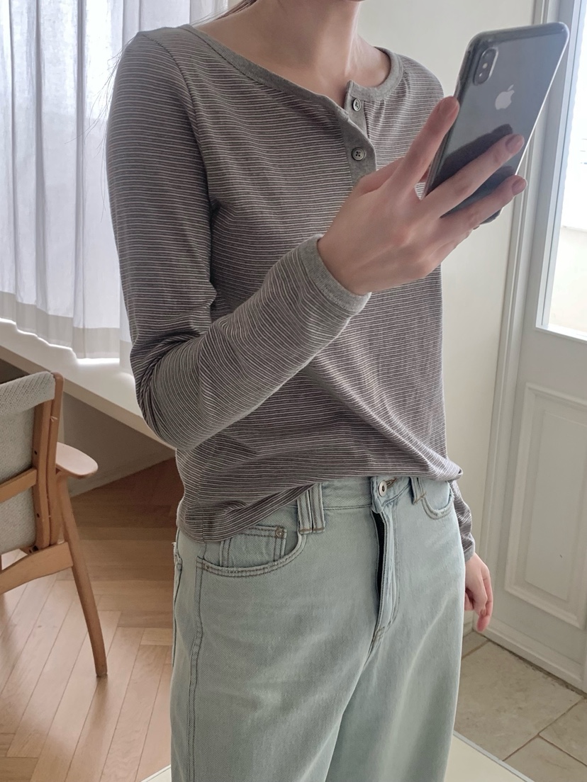 LEGACY東大門實拍女裝新品人氣26春夏職業長袖T恤條紋紐扣LEGACY長袖T恤