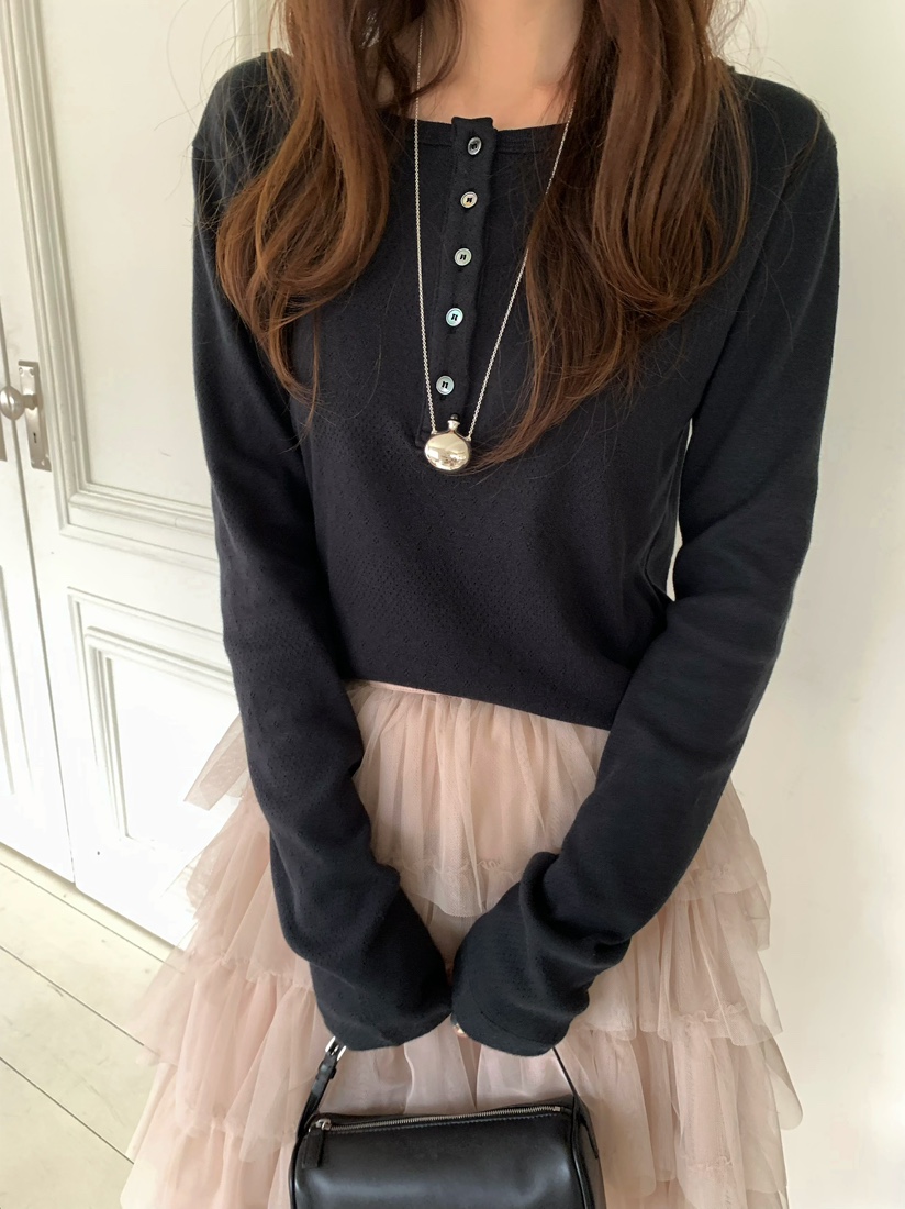 PEBBLE韓國代購女士新品真品人氣26春夏休閑熱賣長袖T恤紐扣PEBBLE長袖T恤