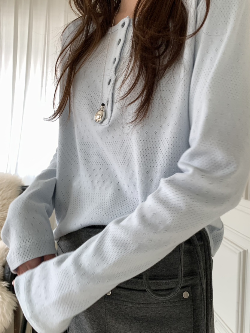 PEBBLE韓國代購女士新品真品人氣26春夏休閑熱賣長袖T恤紐扣PEBBLE長袖T恤