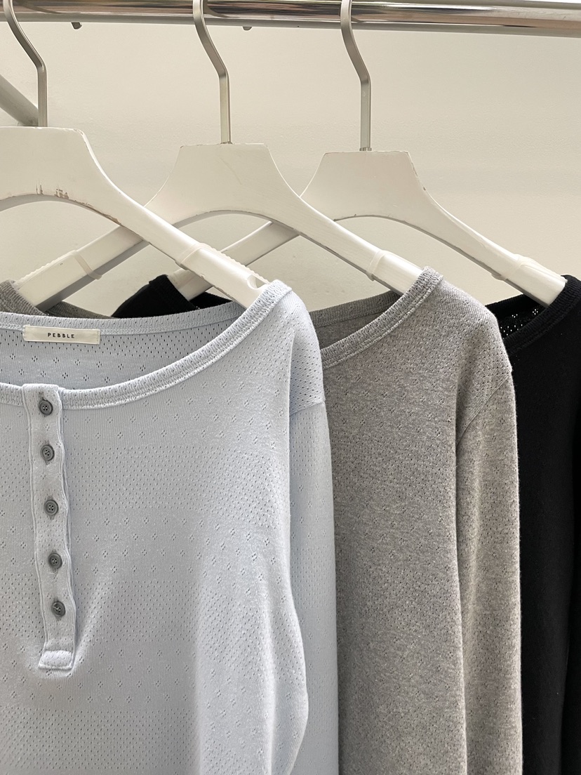 PEBBLE韓國代購女士新品真品人氣26春夏休閑熱賣長袖T恤紐扣PEBBLE長袖T恤