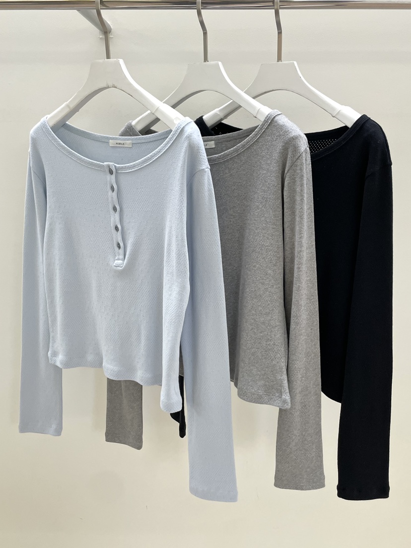 PEBBLE韓國代購女士新品真品人氣26春夏休閑熱賣長袖T恤紐扣PEBBLE長袖T恤