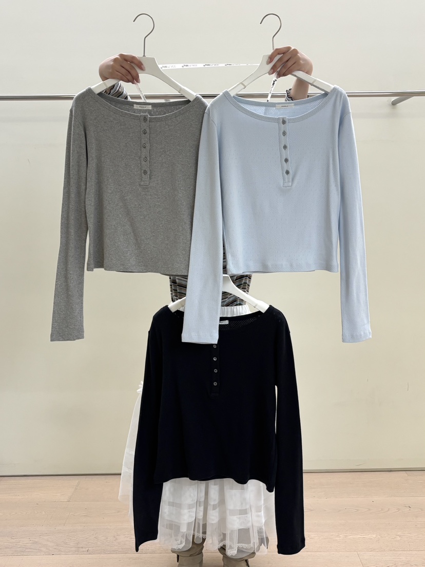 PEBBLE韓國代購女士新品真品人氣26春夏休閑熱賣長袖T恤紐扣PEBBLE長袖T恤