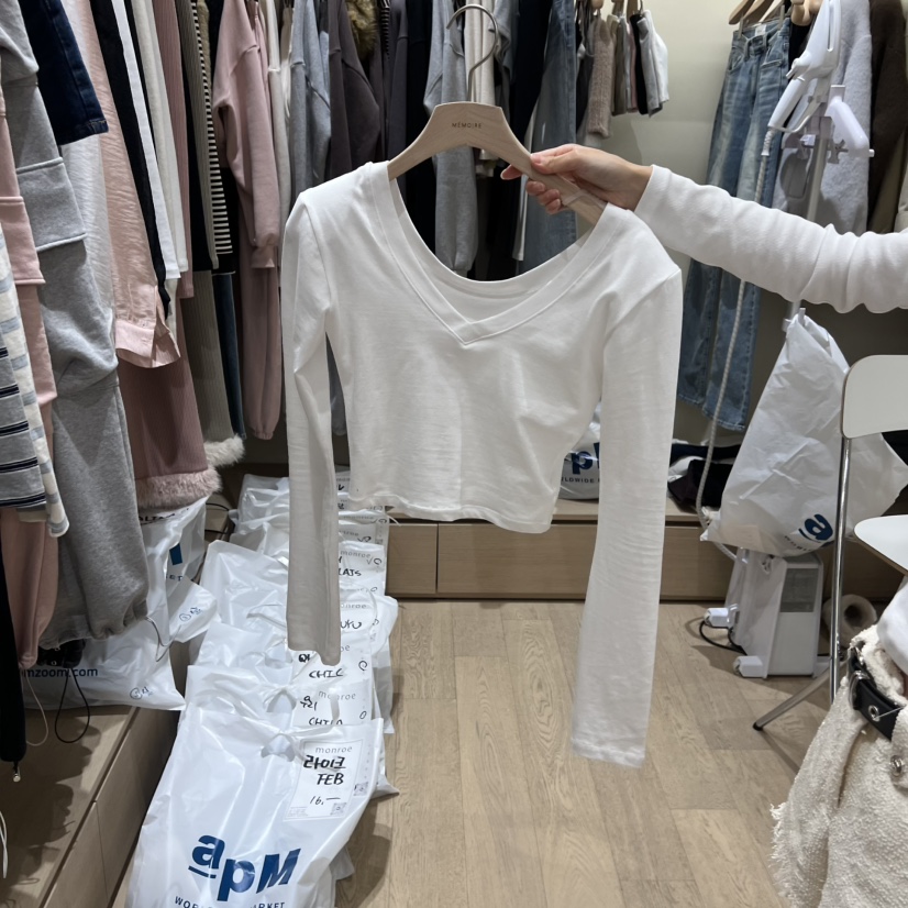 MEMOIRE韓國代購女士新款時尚熱賣職業推薦休閑長袖T恤V領MEMOIRE長袖T恤圖色3