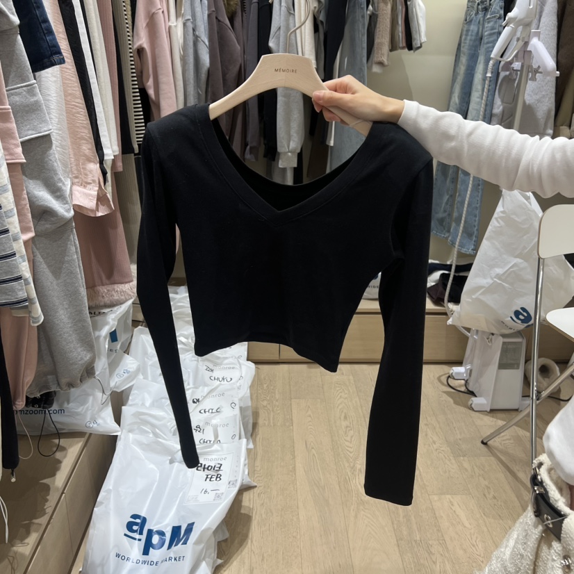 MEMOIRE韓國代購女士新款時尚熱賣職業推薦休閑長袖T恤V領MEMOIRE長袖T恤圖色4