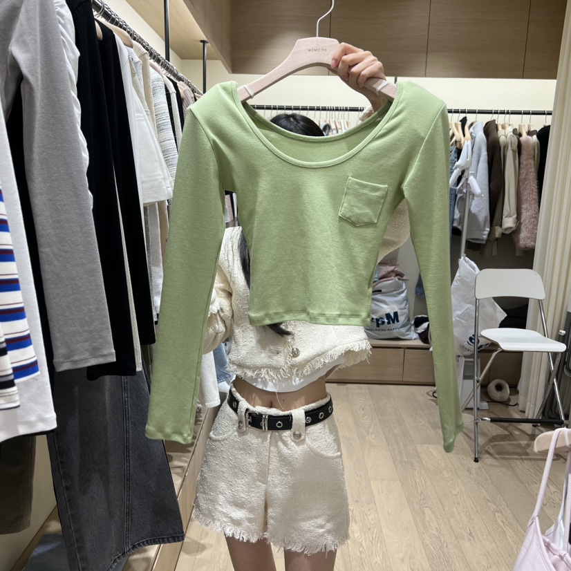 MEMOIRE東大門直郵女裝新款熱賣人氣休閑長袖T恤口袋柔軟MEMOIRE長袖T恤圖色2
