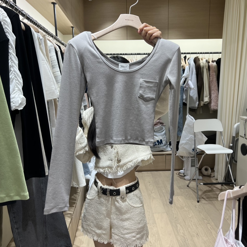 MEMOIRE東大門直郵女裝新款熱賣人氣休閑長袖T恤口袋柔軟MEMOIRE長袖T恤圖色3