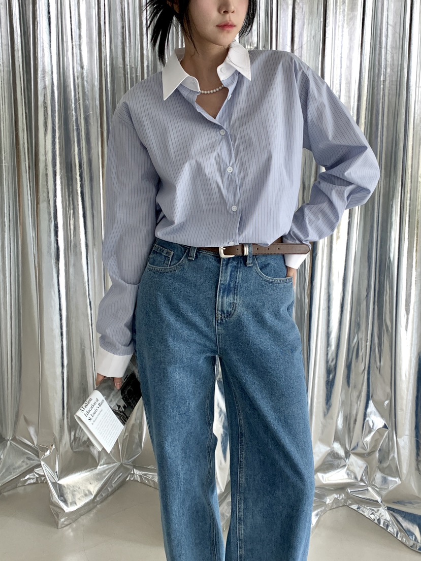 DAVICHI/D.SECOND韓國代購女裝新品職業襯衫蕾絲衫條紋DAVICHI/D.SECOND襯衫/蕾絲衫