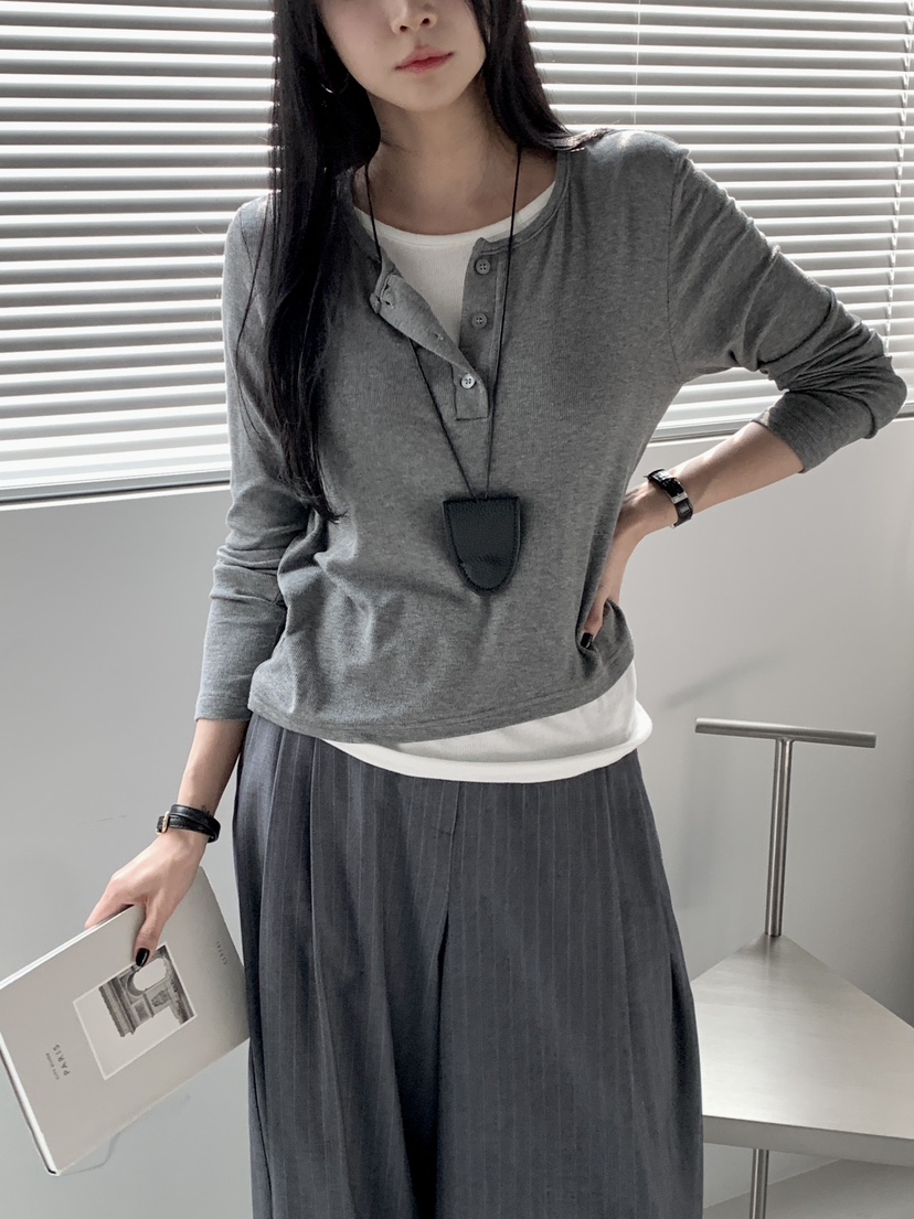 DAVICHI/D.SECOND東大門實拍女裝新品人氣長袖T恤雙排扣DAVICHI/D.SECOND長袖T恤