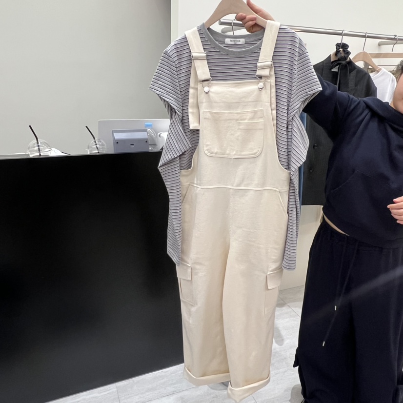 POWDER韓國代購女士新品時尚熱賣26春夏背帶褲不含內搭棉質POWDER背帶褲