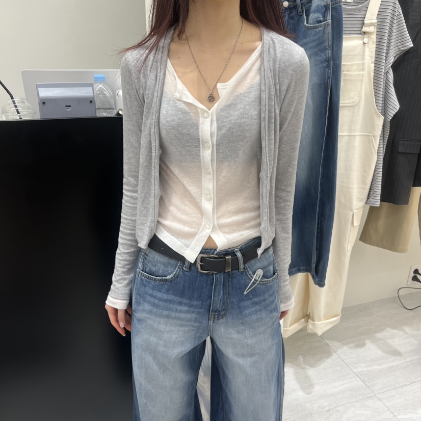 POWDER東大門實拍女裝新品職業人氣推薦長袖T恤假兩件開衫POWDER長袖T恤圖色1