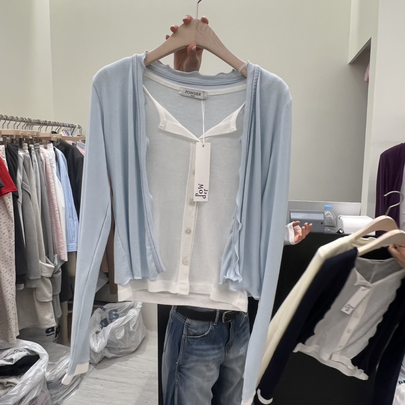 POWDER東大門實拍女裝新品職業人氣推薦長袖T恤假兩件開衫POWDER長袖T恤圖色3